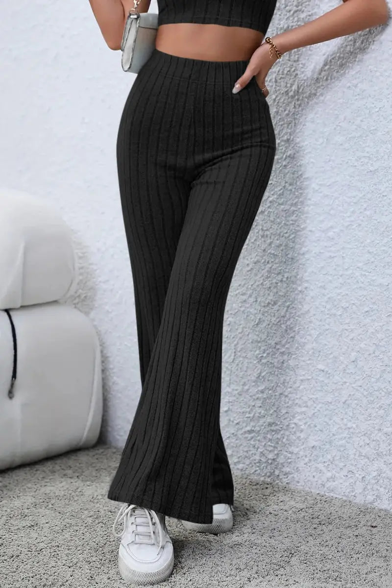 Basic Bae Full Size Ribbed High Waist Flare Pants for Women - Love Salve